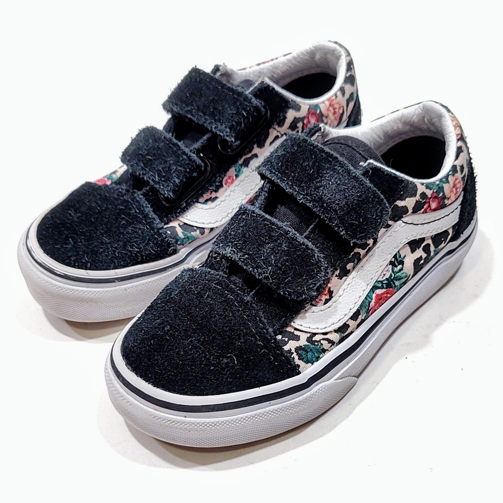 Vans Kids Leopard Floral Old Skool V Sneakers Black Suede 10.5 US Hook & Loop